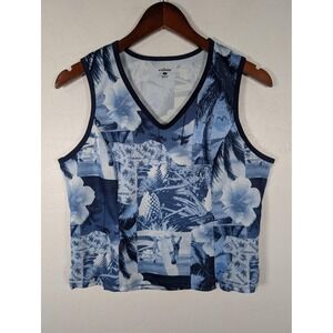 Shebeest Tank Top Womens Large Blue Floral Cycling Jersey Pockets Mesh Hawaiian